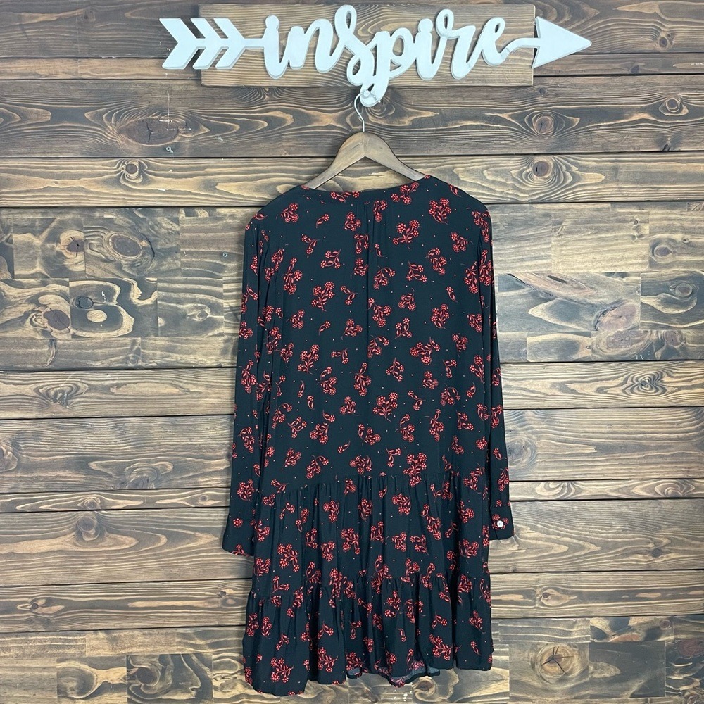 Ann Taylor LOFT | Garden Split Neck Swing Dress Floral Red Black Tiered Babydoll - Picture 9 of 11
